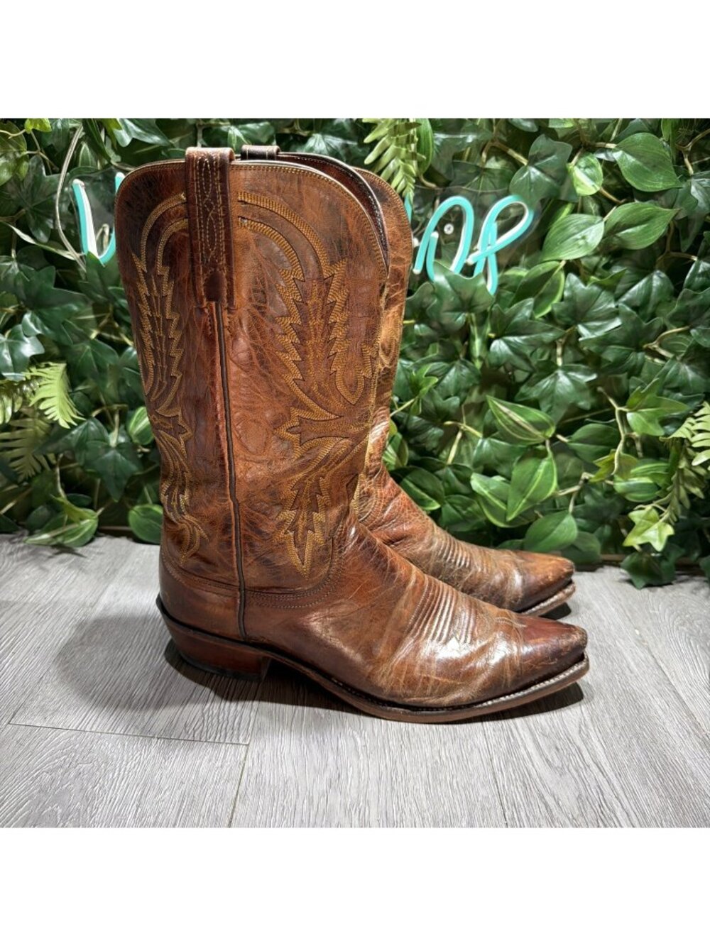 Lucchese 1883 Distressed Brown Leather Snip Toe Western Cowboy Boots Men 10.5 D